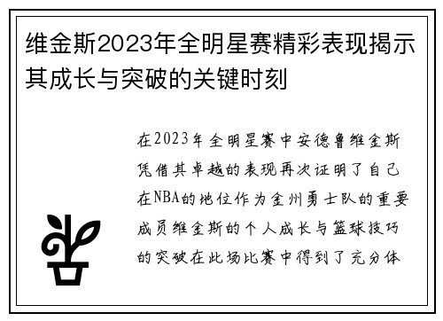 维金斯2023年全明星赛精彩表现揭示其成长与突破的关键时刻