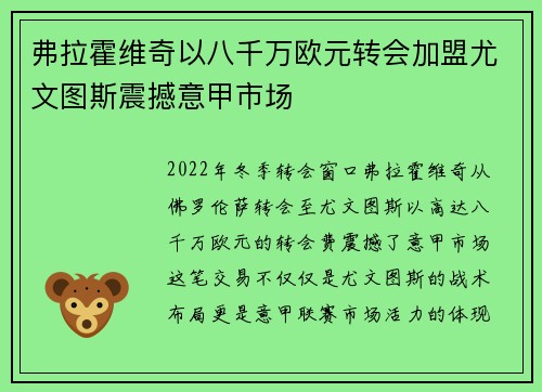 弗拉霍维奇以八千万欧元转会加盟尤文图斯震撼意甲市场 弗拉霍维奇以八千万欧元转会加盟尤文图斯震撼意甲市场
