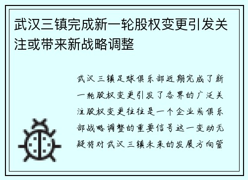 武汉三镇完成新一轮股权变更引发关注或带来新战略调整 武汉三镇完成新一轮股权变更引发关注或带来新战略调整