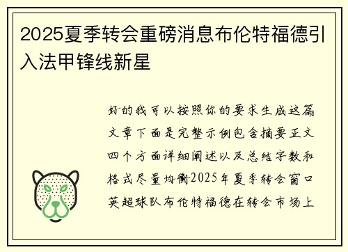 2025夏季转会重磅消息布伦特福德引入法甲锋线新星 2025夏季转会重磅消息布伦特福德引入法甲锋线新星
